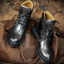 Men's Blue Python-Print Patent Leather Ankle Boots with Lace-Up Design - Bold High-Shine Boots for Fashion-Forward Casual and Night Out Looks