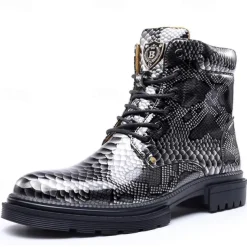 Men's Blue Python-Print Patent Leather Ankle Boots with Lace-Up Design - Bold High-Shine Boots for Fashion-Forward Casual and Night Out Looks