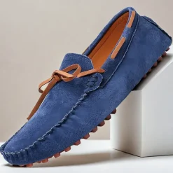 Men's Blue Suede Loafers - Casual Slip-On Driving Shoes with Leather Laces