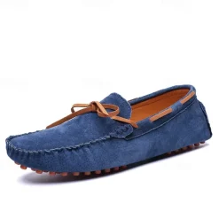 Men's Blue Suede Loafers - Casual Slip-On Driving Shoes with Leather Laces