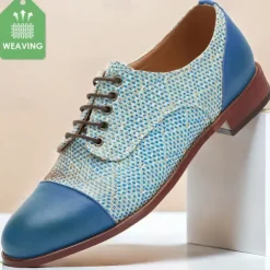 Men's Blue Woven Oxford Shoes – Elegant Nylon Knit Lace-Up Shoes for Business & Formal Events