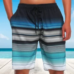 Men's Board Shorts Swim Shorts Swim Trunks Drawstring with Mesh lining Elastic Waist Gradient Stripe Quick Dry Short Casual Daily Holiday Hawaiian Boho Blue Orange Micro-elastic