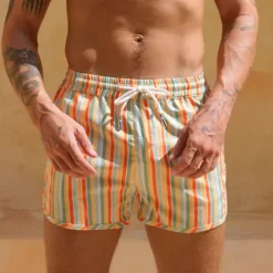 Men's Board Shorts Swim Shorts Swim Trunks Shorts Drawstring Elastic Waist Striped Comfort Quick Dry Short Daily Holiday Swimming Pool Fashion Casual Yellow Pink Micro-elastic