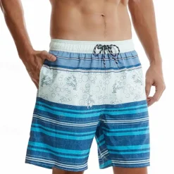 Men's Board Shorts Swim Shorts Swim Trunks Drawstring Elastic Waist With Compression Liner Striped Comfort Quick Dry Short Holiday Beach Weekend Fashion Casual Blue Micro-elastic