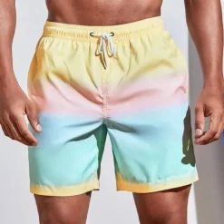 Men's Board Shorts Swim Shorts Swim Trunks Summer Shorts Drawstring with Mesh lining Elastic Waist Gradient Graphic Prints Quick Dry Short Holiday Beach Hawaiian Boho Black-White Yellow Micro-elastic