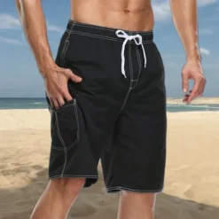 Men's Board Shorts Swim Trunks Going out Weekend Breathable Quick Dry Drawstring Elastic Waist with Pockets Plain Knee Length Gymnatics Casual Activewear Lake blue Black