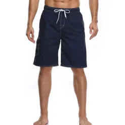 Men's Board Shorts Swim Trunks Going out Weekend Breathable Quick Dry Drawstring Elastic Waist with Pockets Plain Knee Length Gymnatics Casual Activewear Lake blue Black