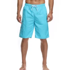 Men's Board Shorts Swim Trunks Going out Weekend Breathable Quick Dry Drawstring Elastic Waist with Pockets Plain Knee Length Gymnatics Casual Activewear Lake blue Black