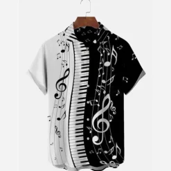 Men's Boardmasters Music Notes Shirt Button Up Shirt Short Sleeve Fashion Designer Casual Outdoor Casual Summer Spring Turndown Print Black Green Khaki Coffee Blue+Blue
