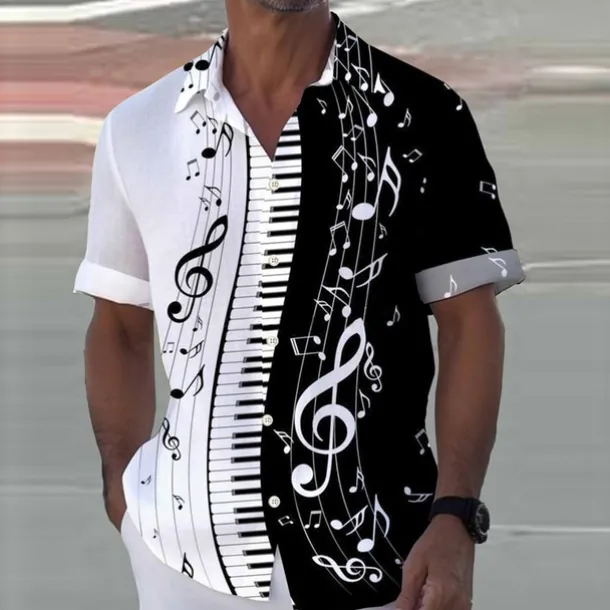 Men's Boardmasters Music Notes Shirt Button Up Shirt Short Sleeve Fashion Designer Casual Outdoor Casual Summer Spring Turndown Print Black Green Khaki Coffee Blue+Blue