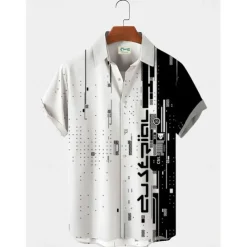 Men's Boardmasters Music Notes Shirt Button Up Shirt Short Sleeve Fashion Designer Casual Outdoor Casual Summer Spring Turndown Print Black Green Khaki Coffee Blue+Blue