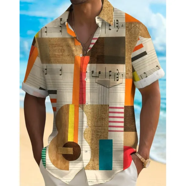 Men's Boardmasters Music Notes Shirt Button Up Shirt Short Sleeve Fashion Designer Casual Outdoor Casual Summer Spring Turndown Print Black Green Khaki Coffee Blue+Blue