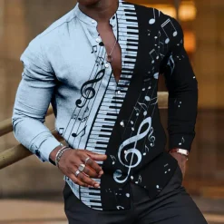 Men's Boardmasters Music Notes Shirt Button Up Shirt Long Sleeve Fashion Streetwear Designer Outdoor Casual Daily Summer Spring Fall Stand Collar Print White Pink Blue Green Khaki