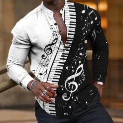 Men's Boardmasters Music Notes Shirt Button Up Shirt Long Sleeve Fashion Streetwear Designer Outdoor Casual Daily Summer Spring Fall Stand Collar Print White Pink Blue Green Khaki