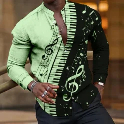 Men's Boardmasters Music Notes Shirt Button Up Shirt Long Sleeve Fashion Streetwear Designer Outdoor Casual Daily Summer Spring Fall Stand Collar Print White Pink Blue Green Khaki