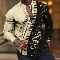 Men's Boardmasters Music Notes Shirt Button Up Shirt Long Sleeve Fashion Streetwear Designer Outdoor Casual Daily Summer Spring Fall Stand Collar Print White Pink Blue Green Khaki