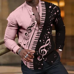 Men's Boardmasters Music Notes Shirt Button Up Shirt Long Sleeve Fashion Streetwear Designer Outdoor Casual Daily Summer Spring Fall Stand Collar Print White Pink Blue Green Khaki