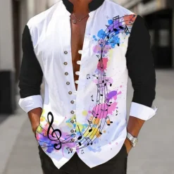 Men's Boardmasters Notes Shirt Linen Shirt Button Up Shirt Long Sleeve Casual Daily Wear Going out Weekend Spring Standing Collar Print Button-Down Black White Brown