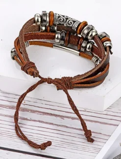 Men's Boho Multi-Layer Leather Bracelet with Feather and Crescent Moon Charm – Vintage-Inspired Adjustable Wrap Bracelet for Casual Style