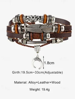 Men's Boho Multi-Layer Leather Bracelet with Feather and Crescent Moon Charm – Vintage-Inspired Adjustable Wrap Bracelet for Casual Style