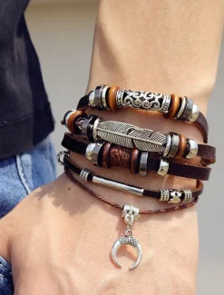 Men's Boho Multi-Layer Leather Bracelet with Feather and Crescent Moon Charm – Vintage-Inspired Adjustable Wrap Bracelet for Casual Style