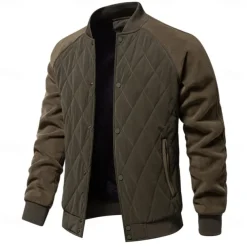 Men's Bomber Jacket Fleece Jacket Padded Casual Daily Vintage Style Fall & Winter Color Block Casual Standing Collar Regular Camel Apricot Black Army Green Grey Jacket