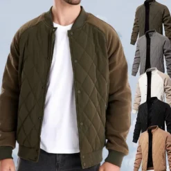 Men's Bomber Jacket Fleece Jacket Padded Casual Daily Vintage Style Fall & Winter Color Block Casual Standing Collar Regular Camel Apricot Black Army Green Grey Jacket