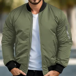 Men's Bomber Jacket Sport Coat Varsity Jacket Outdoor Sports Warm Pocket Fall Winter Plain Fashion Streetwear Stand Collar Regular Ocean Blue Red Green Khaki Jacket