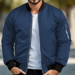 Men's Bomber Jacket Sport Coat Varsity Jacket Outdoor Sports Warm Pocket Fall Winter Plain Fashion Streetwear Stand Collar Regular Ocean Blue Red Green Khaki Jacket