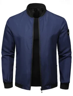 Men's Bomber Jacket Transition Jacket Going out Pocket All Seasons Plain Casual Standing Collar Regular Black Blue Army Green Gray Jacket