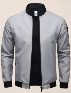 Men's Bomber Jacket Transition Jacket Going out Pocket All Seasons Plain Casual Standing Collar Regular Black Blue Army Green Gray Jacket