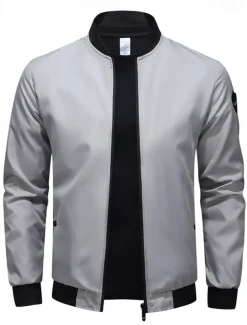 Men's Bomber Jacket Transition Jacket Going out Pocket All Seasons Plain Casual Standing Collar Regular Black Blue Army Green Gray Jacket