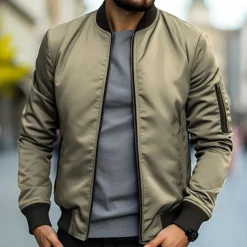 Men's Bomber Jacket Transition Jacket Daily Wear Windbreaker Zipper Pocket All Seasons Plain Streetwear Stand Collar Regular Black Yellow Red Army Green Dark Blue Jacket