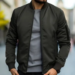 Men's Bomber Jacket Transition Jacket Daily Wear Windbreaker Zipper Pocket All Seasons Plain Streetwear Stand Collar Regular Black Yellow Red Army Green Dark Blue Jacket