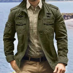 Men's Bomber Jacket Varsity Jacket Tactical Jacket Casual Wearable Multi Pocket Spring Fall Winter Military Military Style Stand Collar Regular Cotton Black Khaki Army Green Jacket
