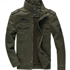 Men's Bomber Jacket Varsity Jacket Tactical Jacket Casual Wearable Multi Pocket Spring Fall Winter Military Military Style Stand Collar Regular Cotton Black Khaki Army Green Jacket