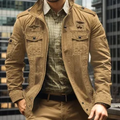 Men's Bomber Jacket Varsity Jacket Tactical Jacket Casual Wearable Multi Pocket Spring Fall Winter Military Military Style Stand Collar Regular Cotton Black Khaki Army Green Jacket