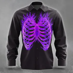 Men's Bone Flame Halloween Costumes Shirt Button Up Shirt Long Sleeve Dark Gothic Style Holiday Streetwear Summer Spring Turndown 3D Print Collared Shirts Blue Purple Orange Green