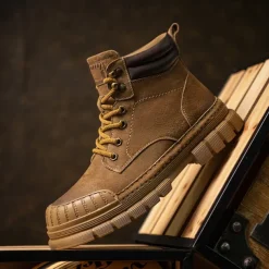 Men's Boots Work Boots Premium Leather Comfortable Slip Resistant Lace-up Yellow Khaki