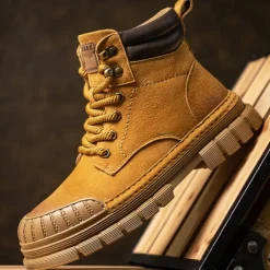 Men's Boots Work Boots Premium Leather Comfortable Slip Resistant Lace-up Yellow Khaki