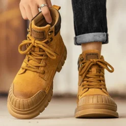 Men's Boots Work Boots Premium Leather Comfortable Slip Resistant Lace-up Yellow Khaki