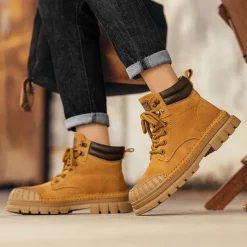 Men's Boots Work Boots Premium Leather Comfortable Slip Resistant Lace-up Yellow Khaki