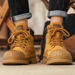 Men's Boots Work Boots Premium Leather Comfortable Slip Resistant Lace-up Yellow Khaki
