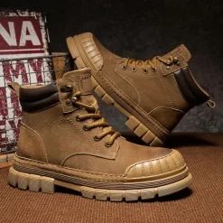 Men's Boots Work Boots Premium Leather Comfortable Slip Resistant Lace-up Yellow Khaki