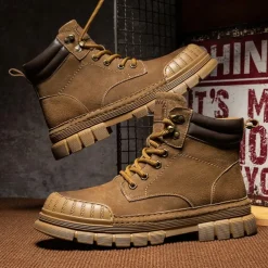 Men's Boots Work Boots Premium Leather Comfortable Slip Resistant Lace-up Yellow Khaki