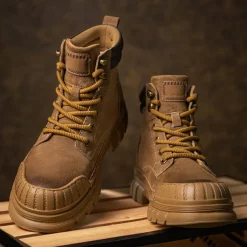 Men's Boots Work Boots Premium Leather Comfortable Slip Resistant Lace-up Yellow Khaki