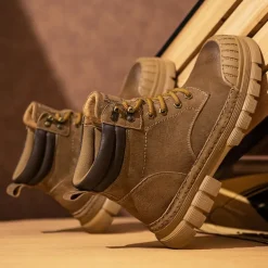 Men's Boots Work Boots Premium Leather Comfortable Slip Resistant Lace-up Yellow Khaki