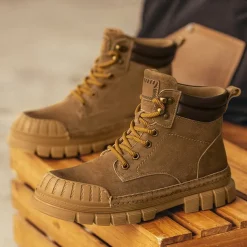 Men's Boots Work Boots Premium Leather Comfortable Slip Resistant Lace-up Yellow Khaki