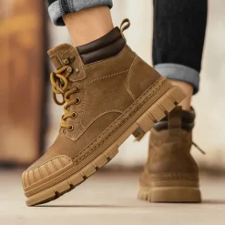 Men's Boots Work Boots Premium Leather Comfortable Slip Resistant Lace-up Yellow Khaki