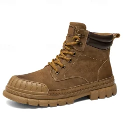 Men's Boots Work Boots Premium Leather Comfortable Slip Resistant Lace-up Yellow Khaki